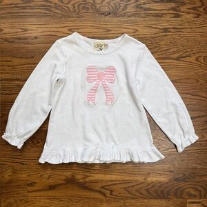 Luigi White Long Sleeve Kids Top with PinkEmbroidered Appliqué Striped Bow 4T